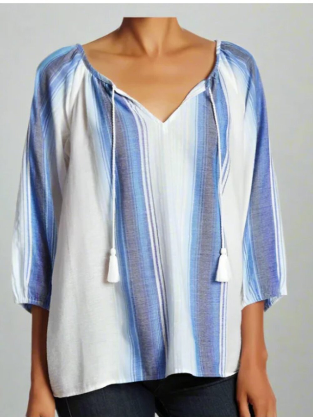 Joie Striped Tunic Peasant Top Blue V Neck Relaxed Cotton Small